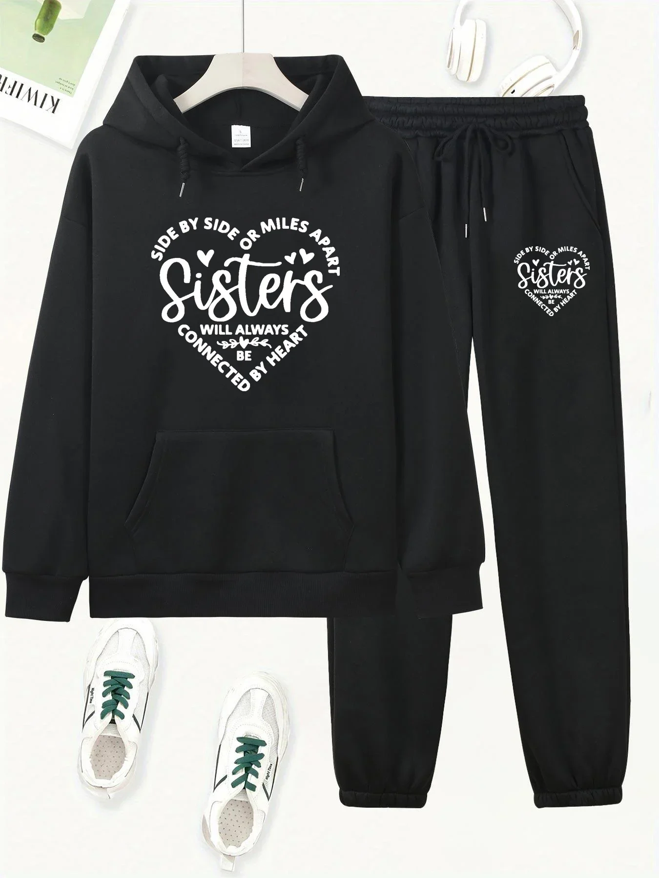 

Women's autumn and winter fashionable casual letter pattern printed thick and plush warm hooded sweatshirt+sports pants set