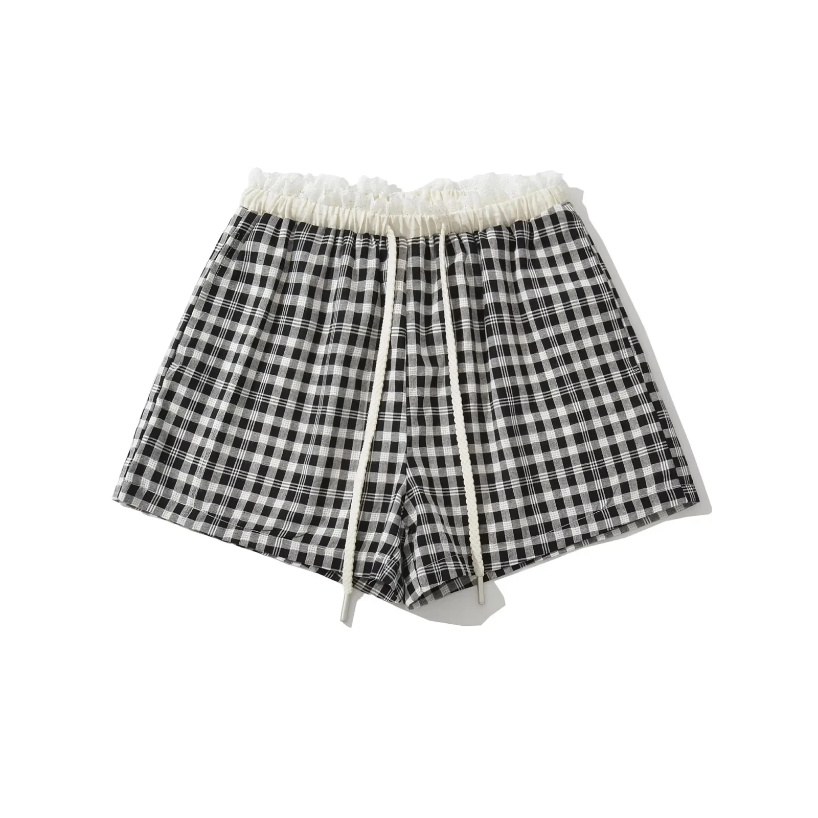 

Женские повседневные брюки с высокой талией и широкими штанинами, в клетку, с кружевной отделкой и вставками, для офиса, осень 2025, с деталями на карманах