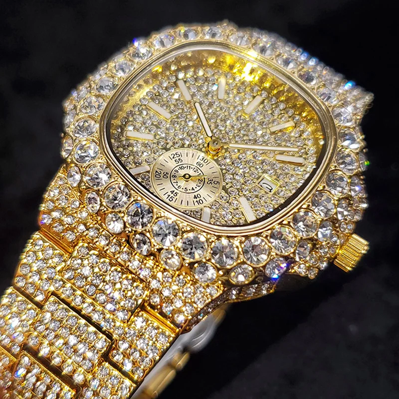 18K Gold Luxury Diamond Watches for Men Bling Shiny Hip Hop Zircon Wristwatch Fashion Iced Out Quartz Date Clock Dropshipping