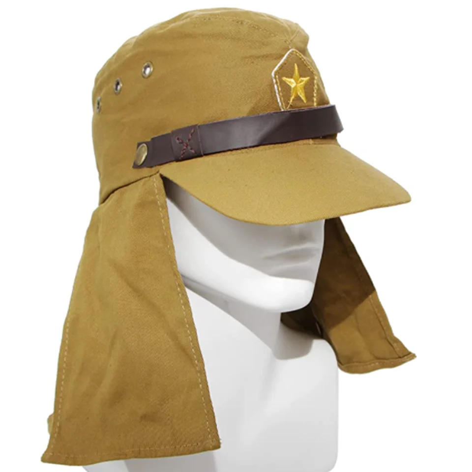 WW2 Brown Japanese Soldier Hat with Neck Flap Chin Strap High