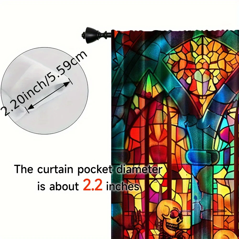 Gothic Skeleton Stained Glass Window Curtains, Dancing Skulls Vibrant Color Church Glass Dark Halloween Print Drapes Room Decor