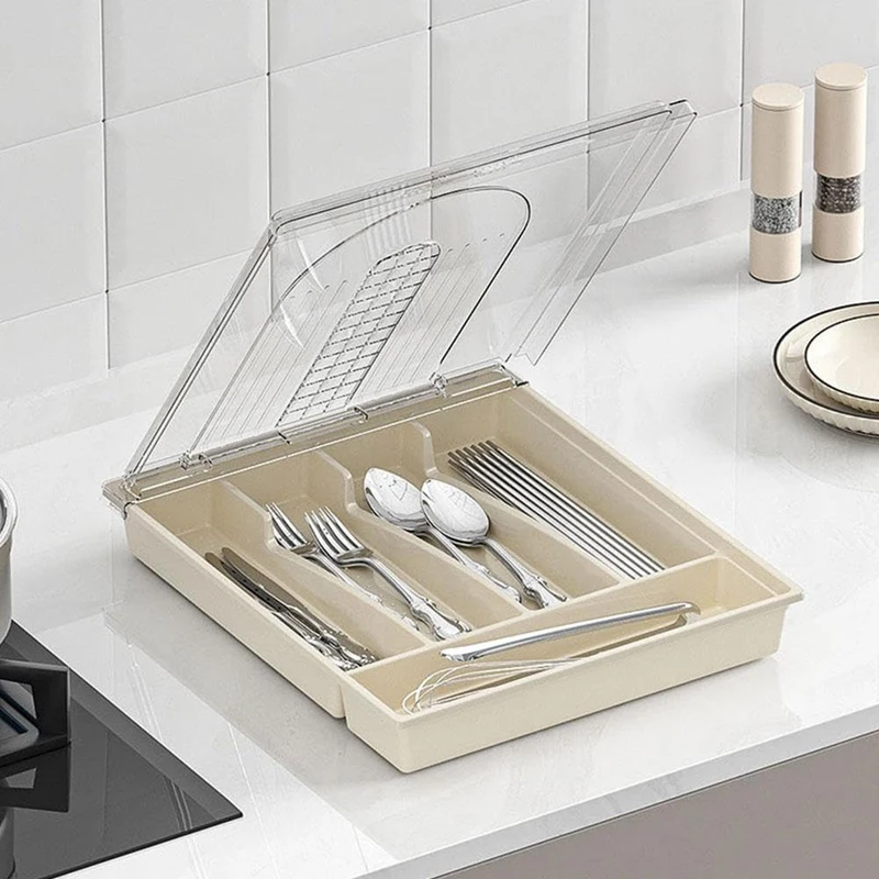 Organizer With Lid,Plastic Cutlery And Flatware Storage Box, Compartments Covered Utensil Tray For Kitchen Drawer