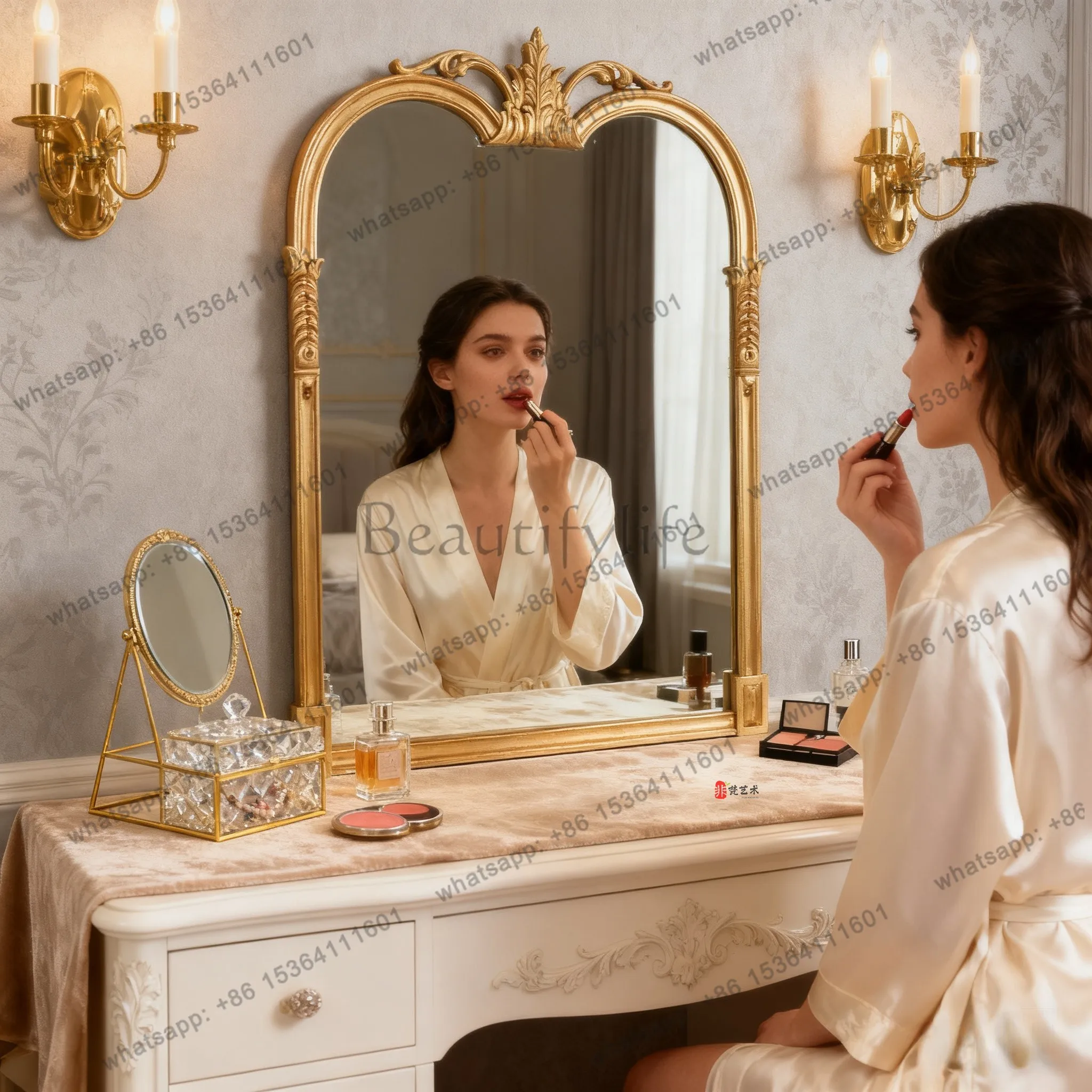 YJ French retro light luxury makeup mirror European carved bathroom bathroom vanity mirror wall fireplace decorative mirror