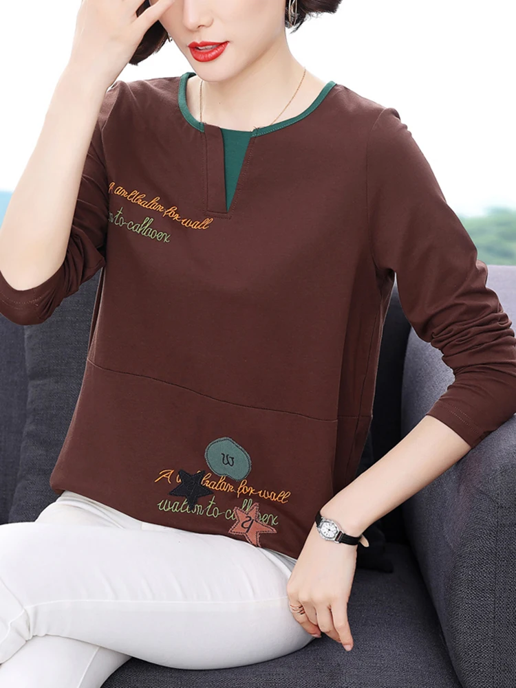 

2023 Spring Autumn Vintage Cotton Long Sleeve O Neck T-shirt Women Clothes Embroidered Tshirts Womens Loose Top Tee Shirt Femme