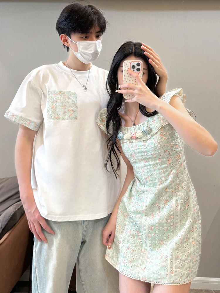 Couple's Summer Short Sleeve T-Shirt Floral Print Square Collar Dress Casual Loose Fit Skin-friendly Breathable Everyday Wear