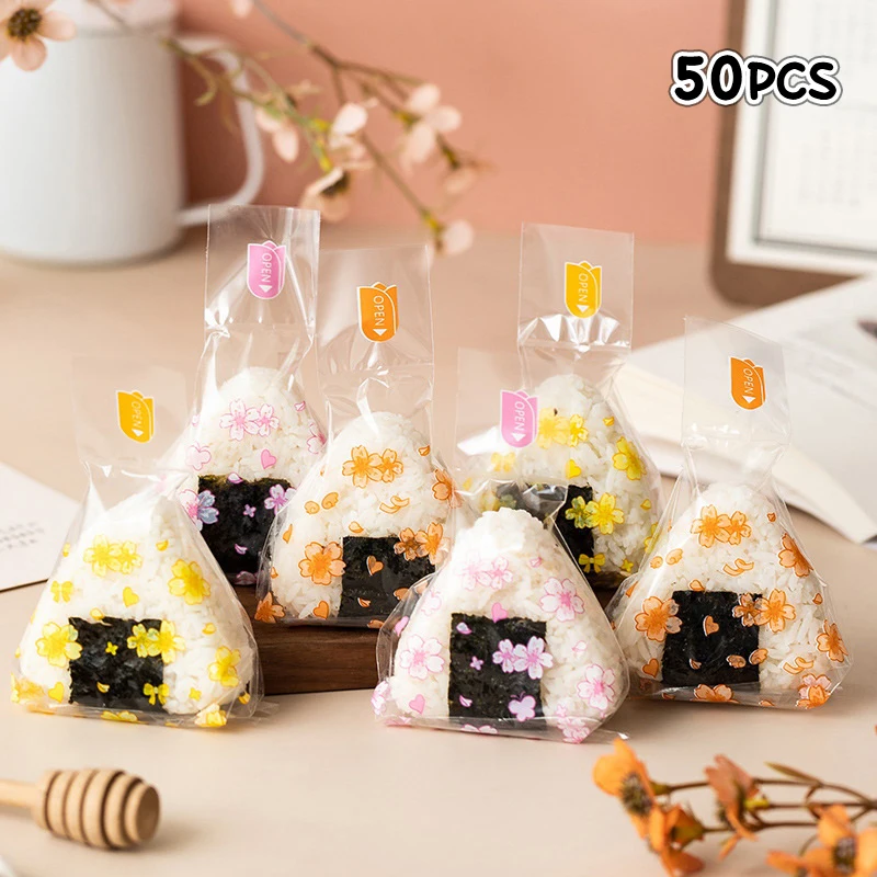 50pcs Cherry Blossoms Triangle Rice Ball Packing Bag Nori Seaweed Onigiri Sushi Bag Sushi Making Mold Tools Bento Accessories