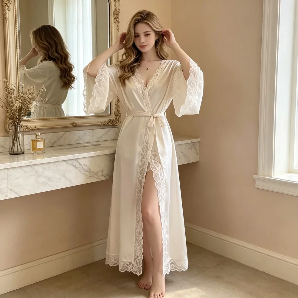 Satin Wedding Robe Women Honeymoon Resort Spa Villa Getaway Халат Lace V Collar Full Sleeve Sash Belt Side Split Ivory Star
