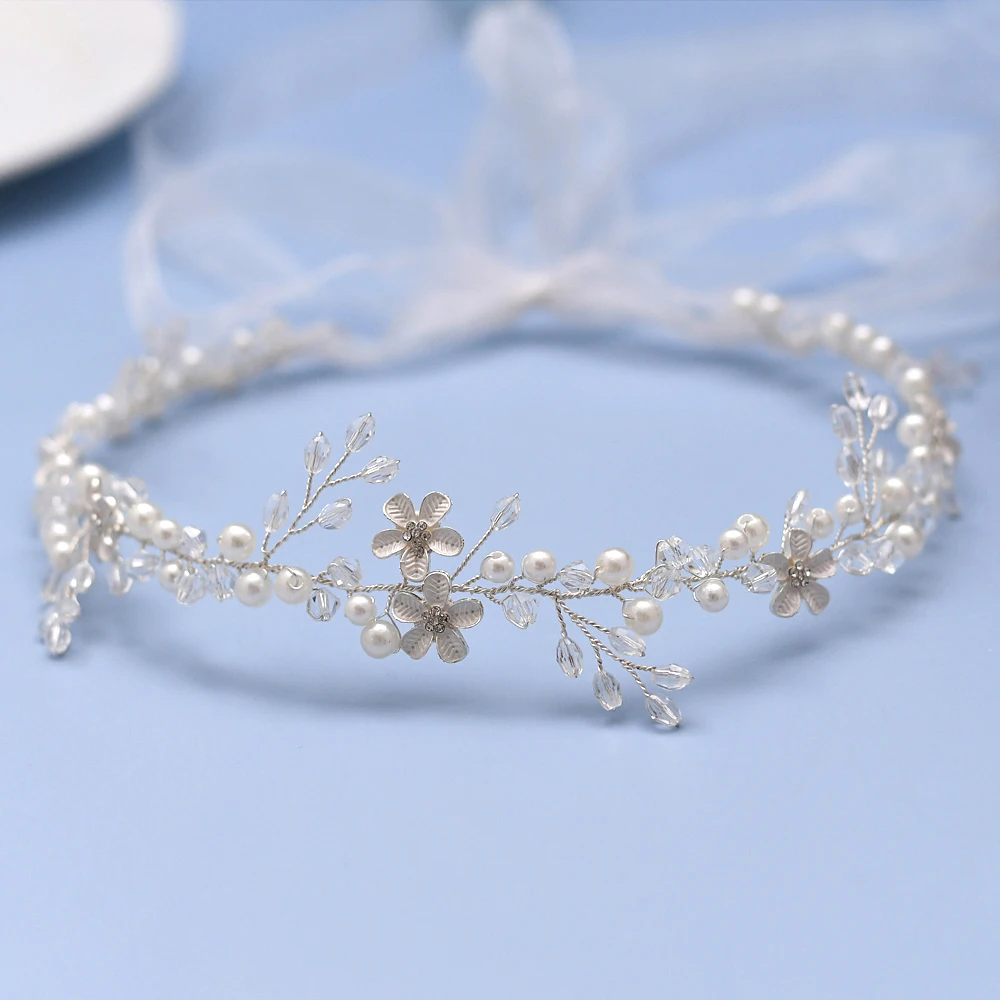 Diadema de boda de perlas con flores, vid de pelo nupcial con cinta, corona de pelo para comunión, tocados de cristal para niñas y mujeres