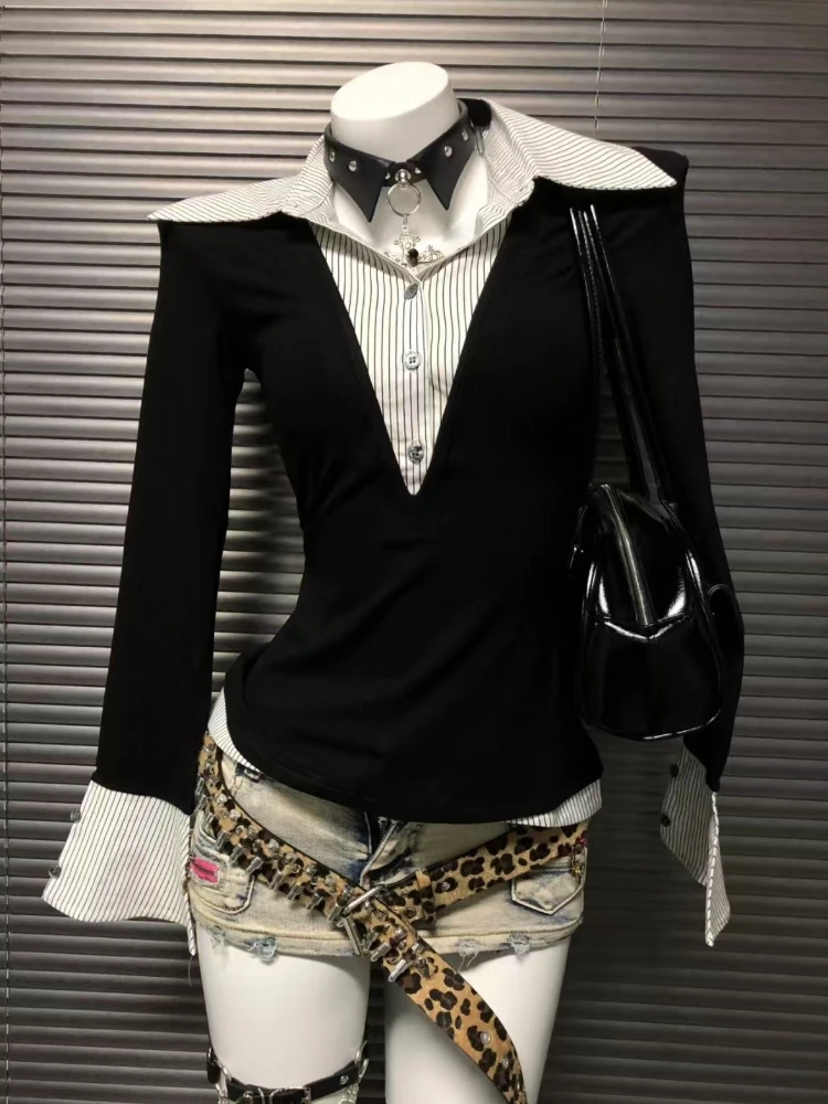 Y2K Fairy Grunge Women Fake Two T-shirt Vintage Harajuku Sweet Ruffle Tops Japanese Casual Streetwear Chic Outfit