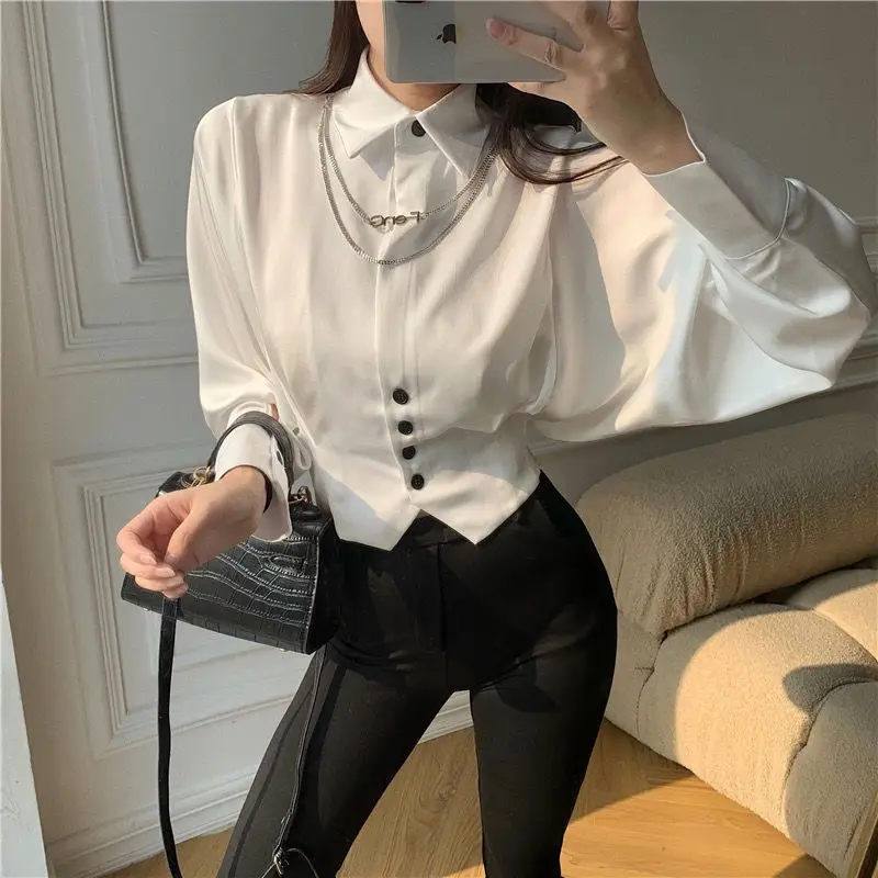 Vintage Elegant Button Solid Chiffon Shirt Spring Autumn 2024 New Polo-Neck Long Batwing Puff Sleeve Slim Blouse Women\'s Clothes