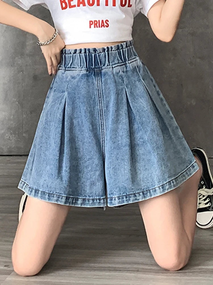 

M-6XL Plus Size Women Denim Shorts Elastic High Waist Wide Leg Loose A-Line Culotte Summer Casual Jean Shorts Femme