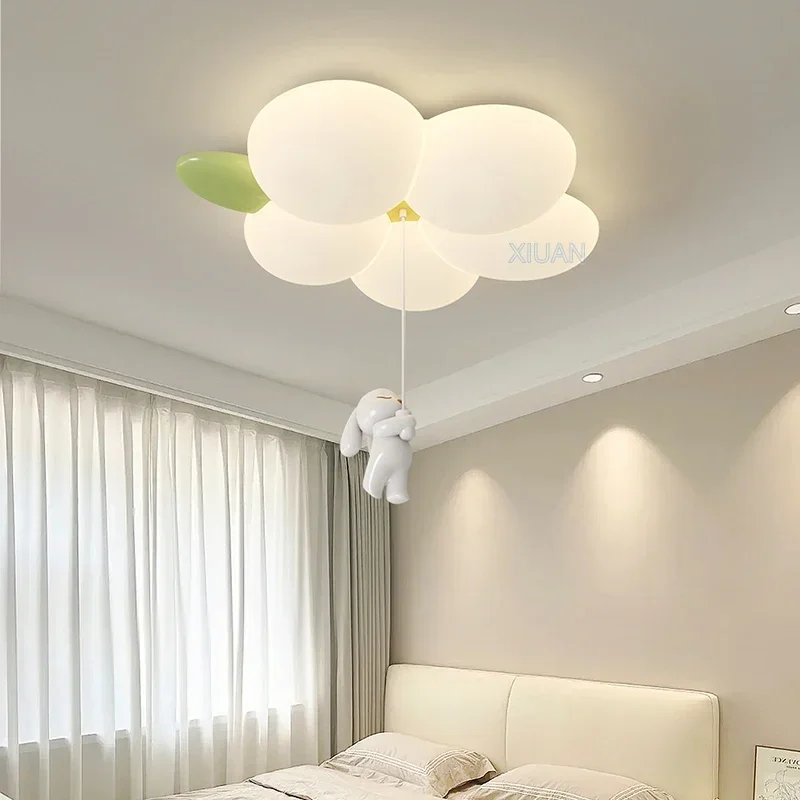 Modern Romantic Flower Ceiling Lamps With Hanging Rabbit White PE Sconces Children's Bedroom Ceiling Light For Kids Girl Boy Roo