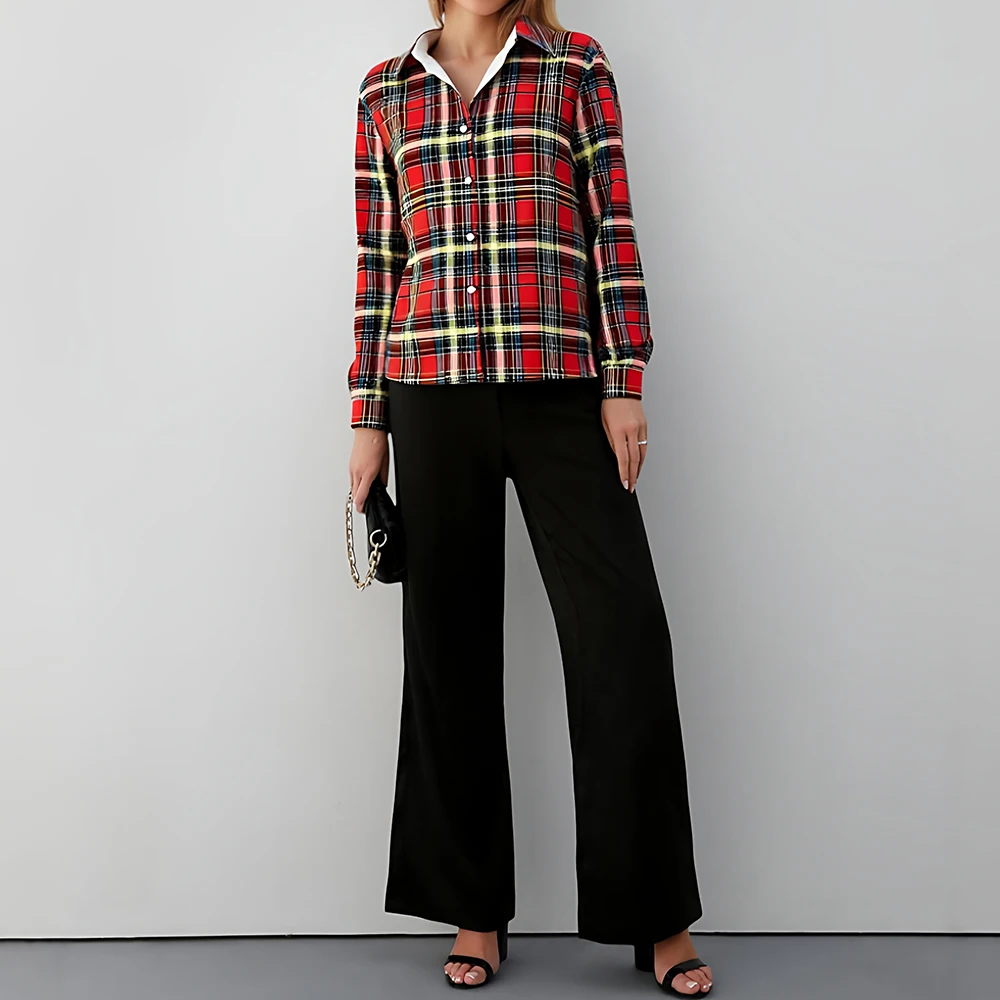 

Mia Muse Select Autumn Shirts 2025 Women's Mature Vibe Plaid Long Sleeve Shirt Collar Fitting Slim Work Shirts