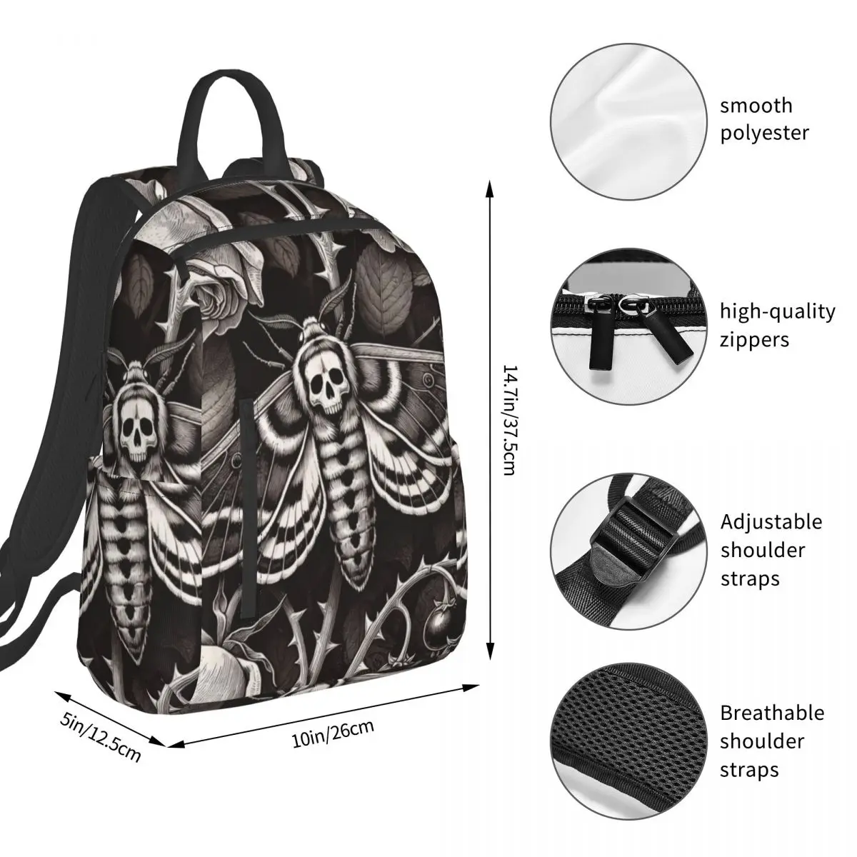 Gothic Skull Moth And Flower Design (8) Backpack Student BookBag Boys Girls School Bag Laptop Shoulder Bags Men Women