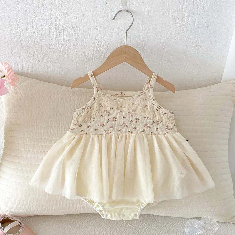 2025 New Summer Infant Baby Girls Bodysuits Sleeveless Cotton Mesh Splicing Toddler Baby Girls Jumpsuit 0-24M Baby Clothing
