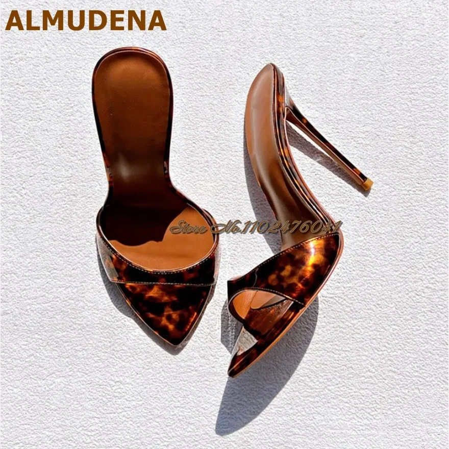 ALMUDENA Sexy Leopard Patent Leather Modern Slippers Pointed Toe Shallow Gladiator Sandals Printed Slip-On Dress Pumps Size46