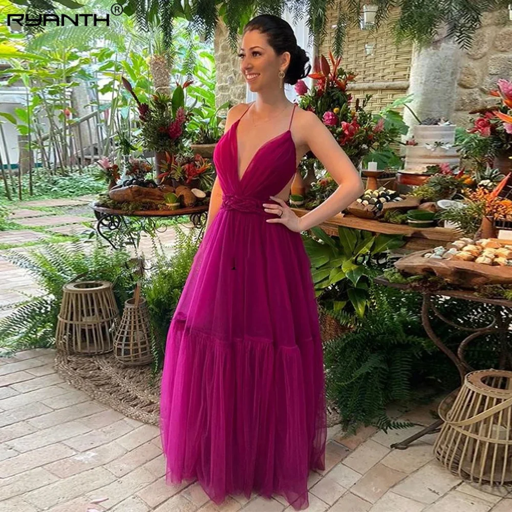 

Ryanth Prom Dresses Beach Spaghetti Straps Tiered Celebrity Wedding Party Dress Evening Gowns Sleeveless V-Neck Robe Soiree