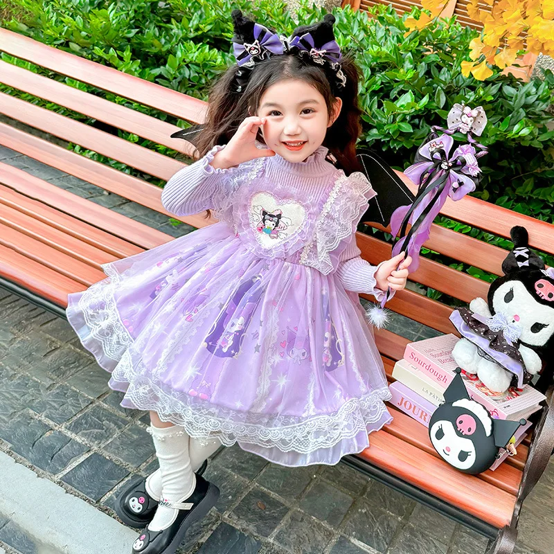 

Sanrio Anime Kuromi Children's Sweater Lolita Dresses Kawaii Melody Cinnamoroll Girls Warm Dress Birthday Party Princess Dress