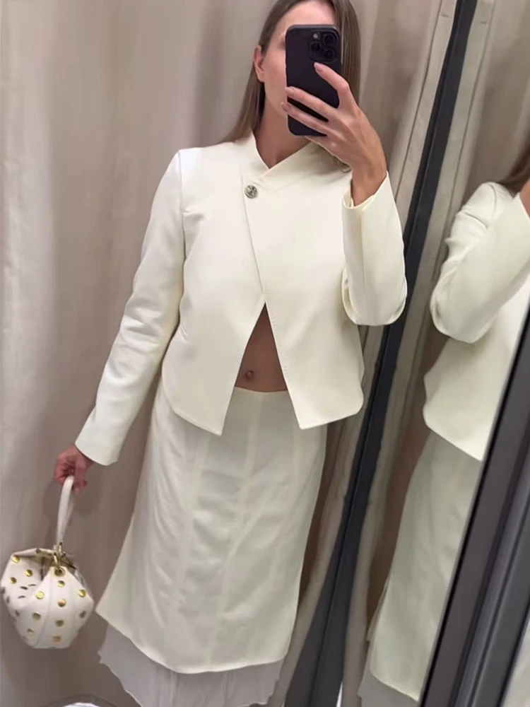 Women Simple Blazer 2026 Elegant Casual Stand Collar Long Sleeve Single Button Asymmetric Office Short Jacket Fashion New