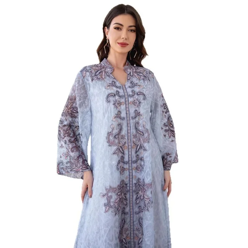 

D241105 Мусульманский женский халат из ткани с вышивкой и принтом бриллиантов, женское длинное платье Абая, новинка 2023 г.