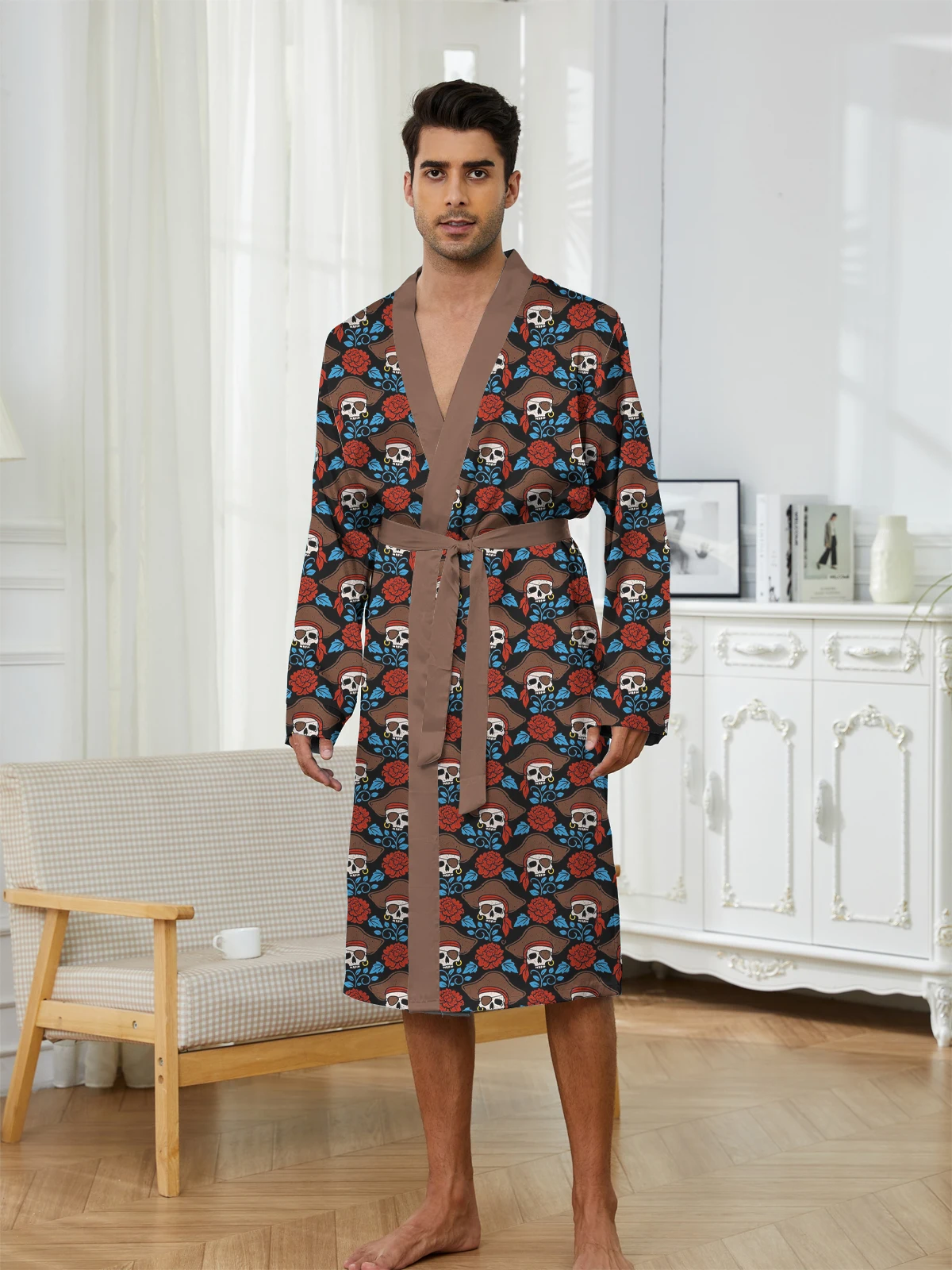 Men's Sleeping Robe with Digital Printed Skull and Rose Patterns, Comfortable Casual Bathrobe Man's for Home Thin Design
