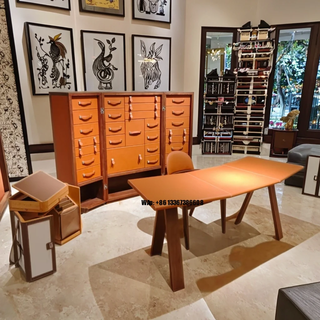 Italian Light Luxury Jewelry Tool Cabinet Home Furniture Walnut Leather Storage Cabinets for Villa Living Room