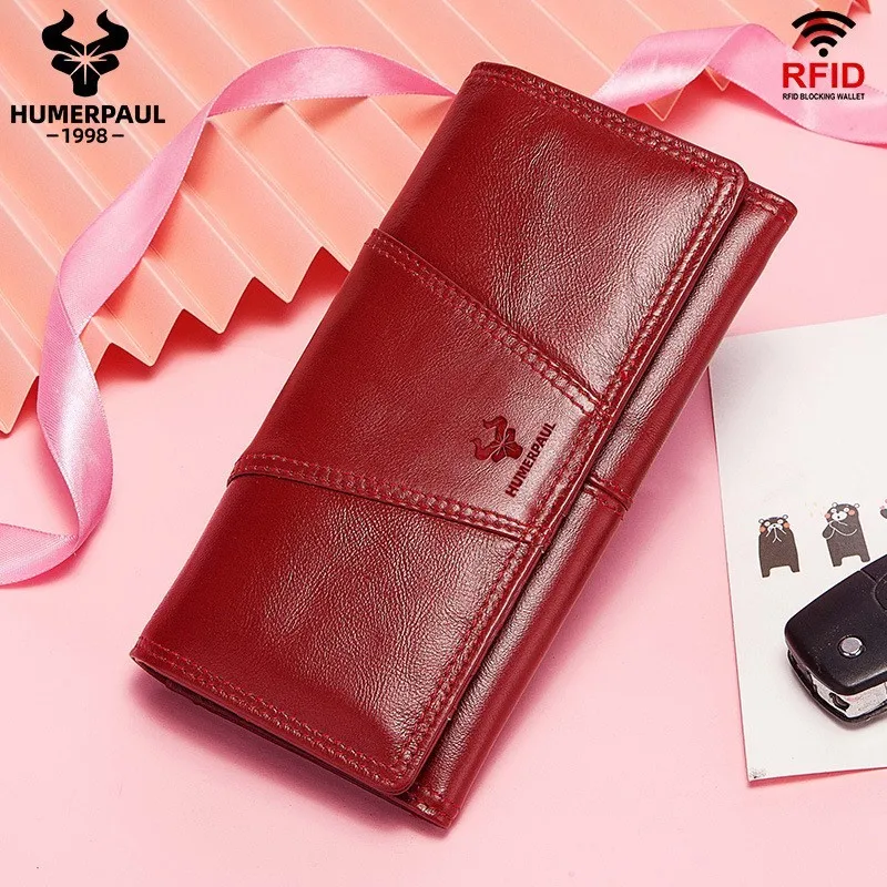 Retro RFID Blocking Genuine Leather Wallet for Women with Photo Window Multi-Slot Design Card Holder Phone Clutch Cartera Mujer