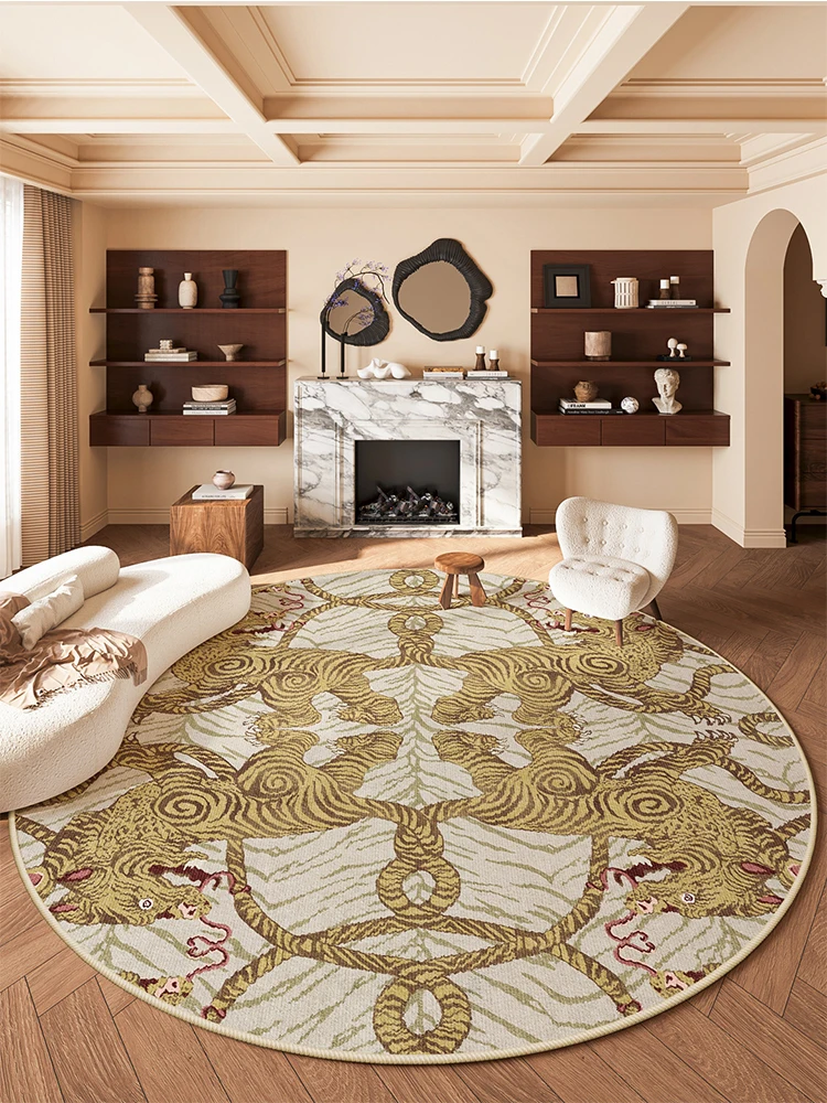 Chinese Style Tiger Pattern Round Carpet Living Room Sofa Coffee Table Sofa Floor Mat Cloakroom Vintage Round Rug Decor Non-slip