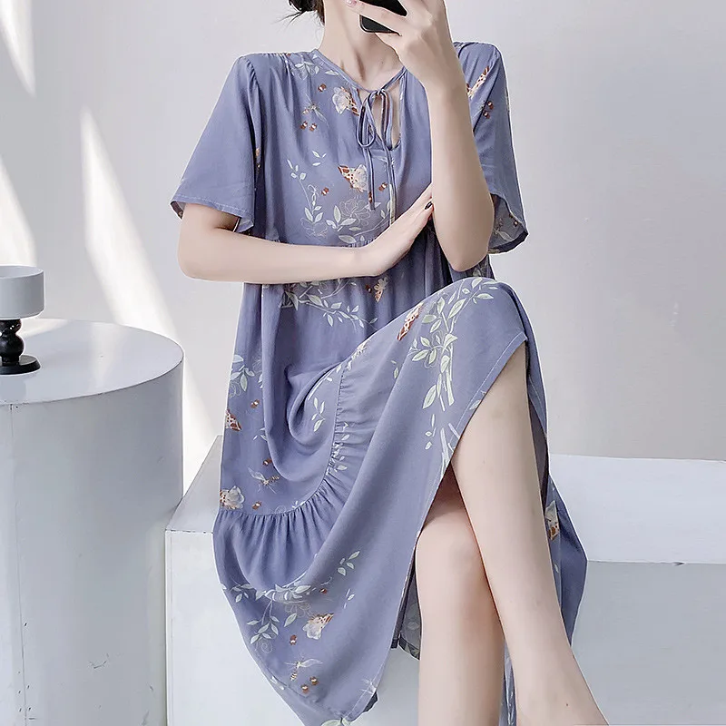 

Summer Pajamas Night Dress Woman New Short Sleeve Sleepwear Loose Summer Nightshirt Retro Floral Women's Nightgowns Home Wear