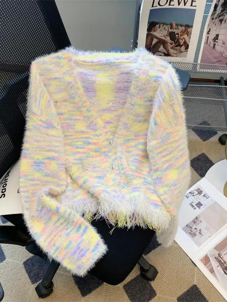 

Женский трикотажный кардиган с радужной бахромой, синий однобортный короткий мохеровый свитер с V-образным вырезом, в стиле ретро, Осень-зима 2024