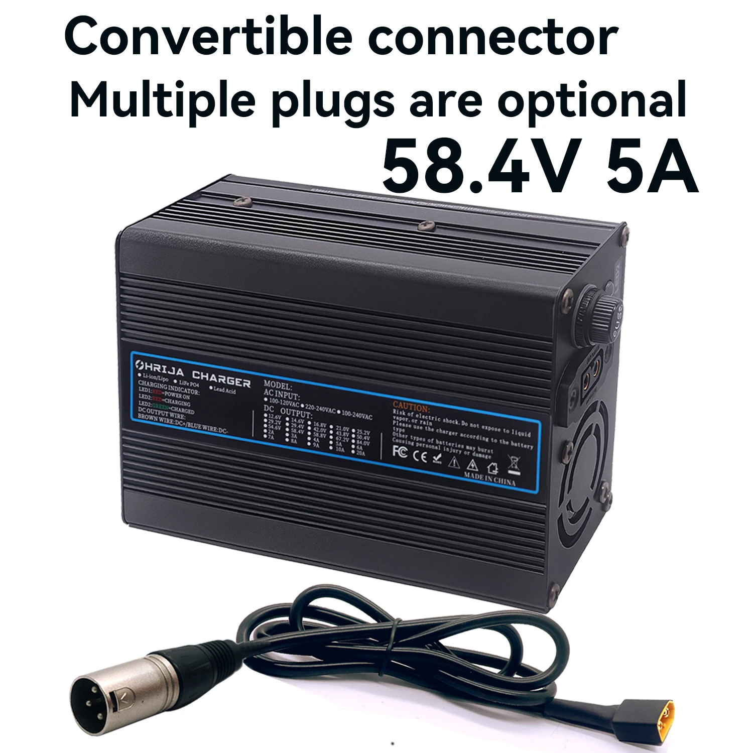 58.4V 5A Lifepo4 Charger Quick Aluminum Shell Suitable 51.2V 16S & Interchangeable Connector Fast Stabilization with Cooling Fan