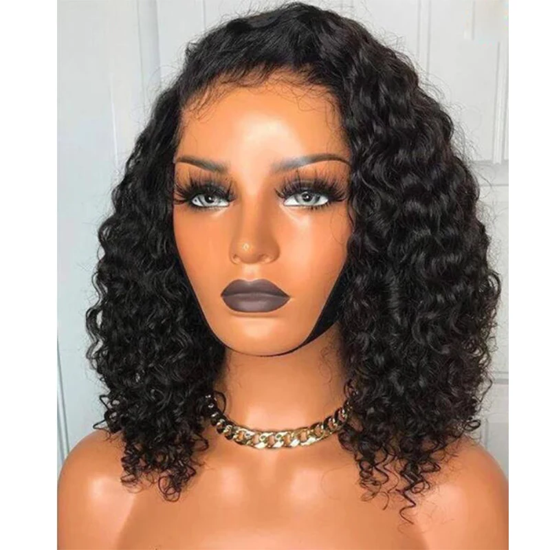 

Soft 16' Short Bob Natural Black 180Density Kinky Curly Lace Front Wig For Women Baby Hair Preplucked Heat Resistant Daily