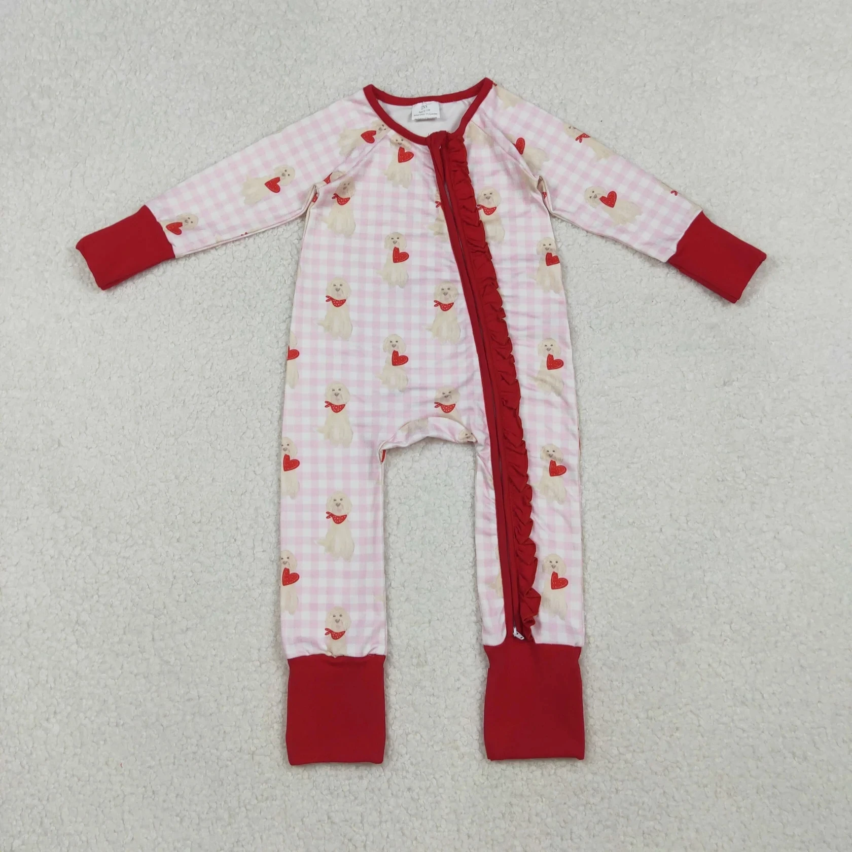 

Wholesale Children Girls Long Sleeves Valentines Zipper Romper Baby Girl Hearts Dogs Plaid Kids Toddler Newborn Bodysuit