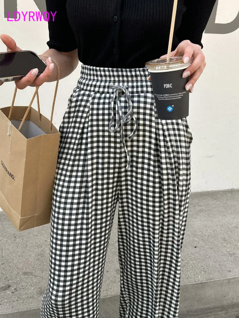 Spring and Summer New Slim Fit Show Thin Temperament Thin High Waist Black and White Plaid Loose Wide Leg Pants