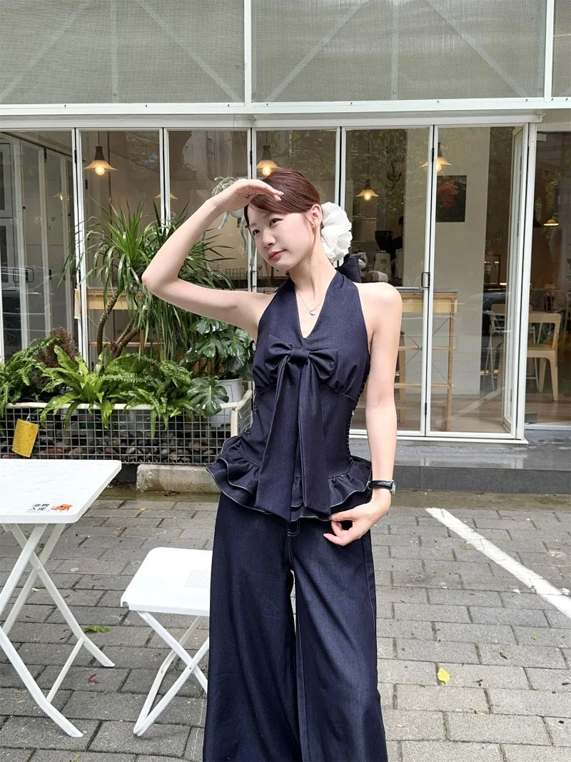 

Gothiscyn Hot Girl Set Women's Summer Bow Halter Neck Denim Vest High Waist Wide Leg Pants Two-piece Set Fashion Female Clothes