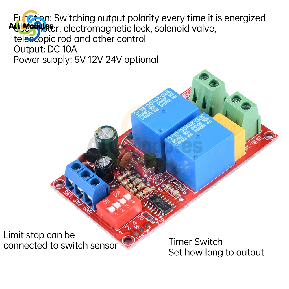 Módulo de relé dianteira e reversa do motor DC, comutação, 5V, 12V, 24V, 10A