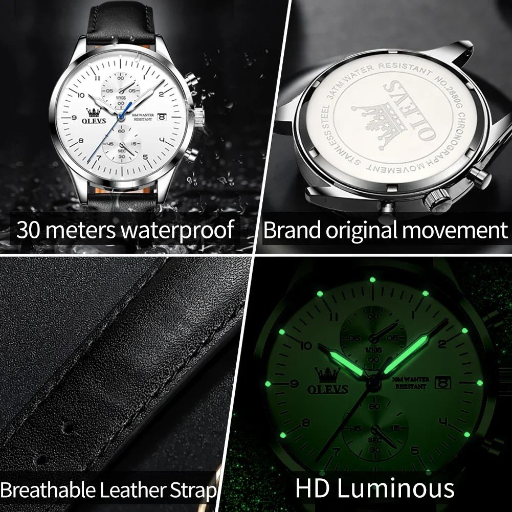 OLEVS 2880 Waterproof Business Watches For Men, Quartz Super-thin Genuine Leather Strap Men Wristwatch Luminous Calendar