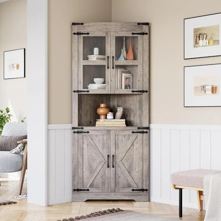 Farmhouse Corner Cabinet Tall Corner Storage Cabinet with Glass Door Adjustable Shelves Bathroom Cabinet with Storage for Livin