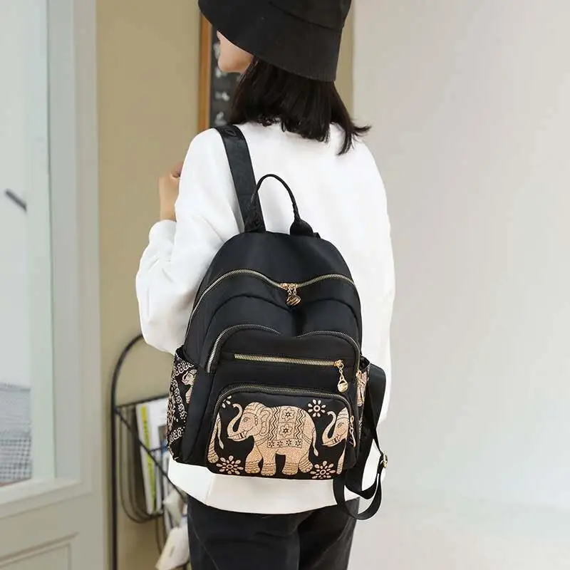 Large Capacity Oxford Cloth Canvas Backpack Women's Travel Fashion Versatile Shoulder Bag Middle-Aged Mom Bag Elephant