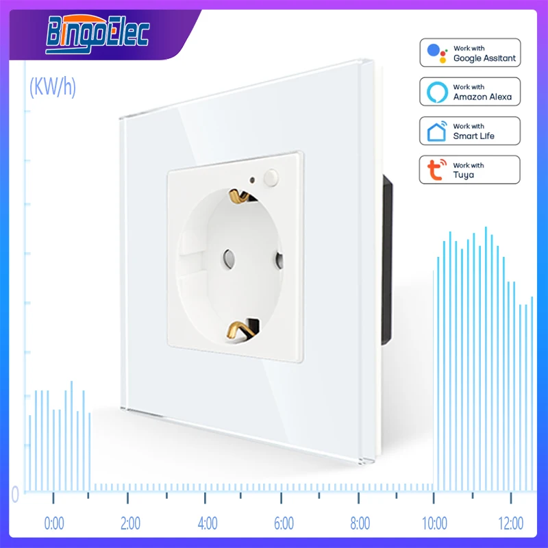 Energy Monitor Smart Socket EU Wifi Outlet Intelligent Safe Plug Glass Sockets Work with Tuya Smart Alexa Google Home Bingoelec