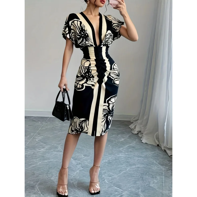 Black White Floral Deep V Midi Dress Women's Flutter Sleeve Style Bodycon Fit Suitable for Evening Soirées Trendy Socials