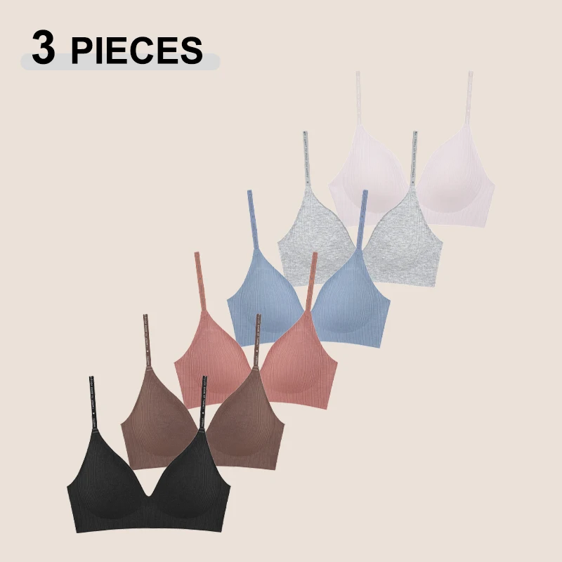 3PCS Sexy Deep V Neck Wireless Seamless Bras Lingerie Fashion Stripe Knitting Letter Push Up Underwear Cozy Brassiere for Female