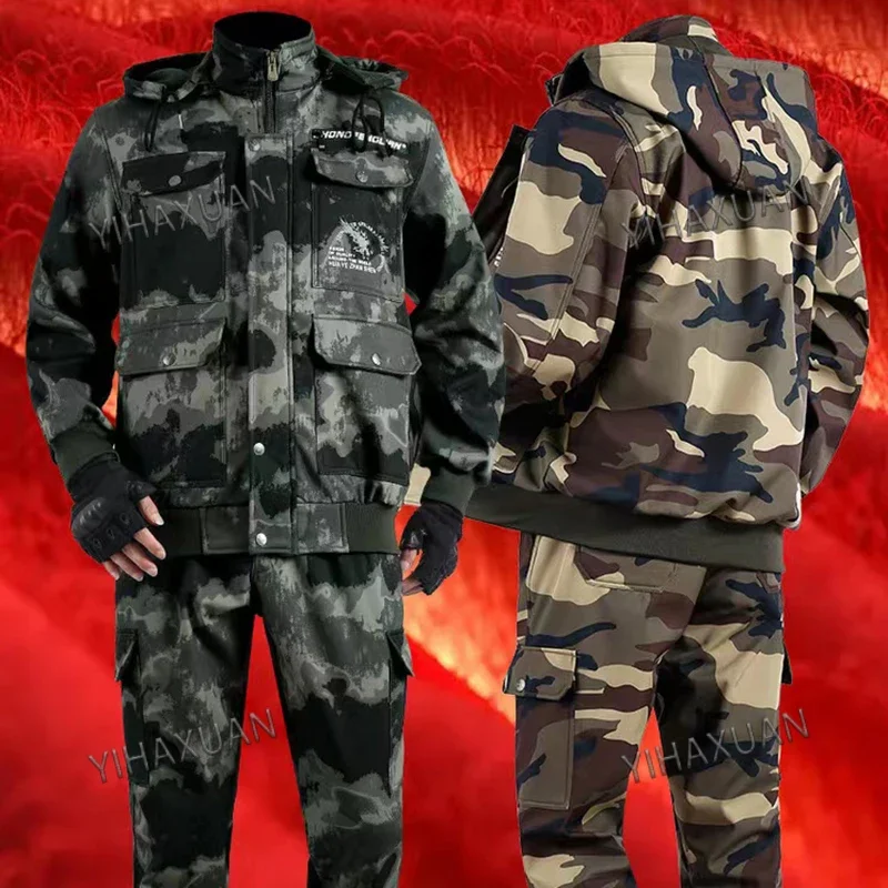 Autumn Winter Plush Camouflage Set for Men's Work Clothes Thickened Warm Wear-resistant Multi Pocket Labor Protection Clothing