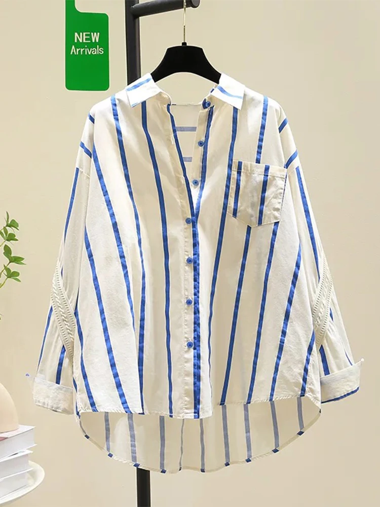 

New Neutral Loose Blue Striped Splicing Apricot Lace Shirt Long Sleeve Button Blouse Tops French Fashion Office Woman Clothes