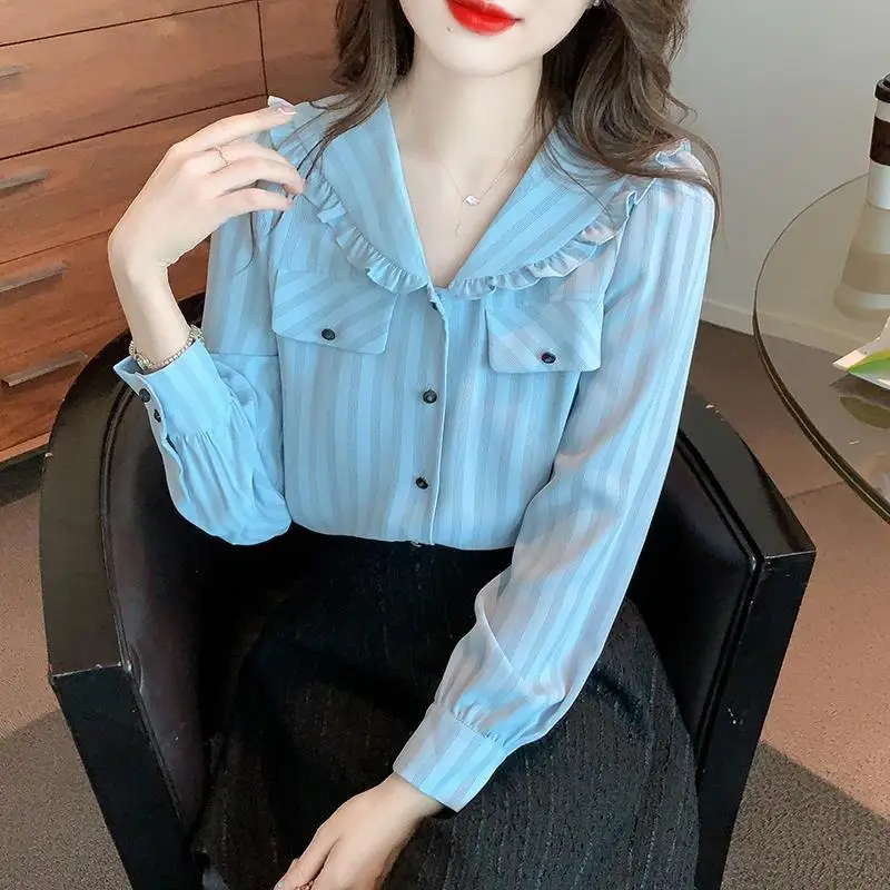 2023 Spring New Striped Peter Pan Collar Fashion Casual Korean Version Women\'s Clothing Loose Spliced Button Commute Blouse