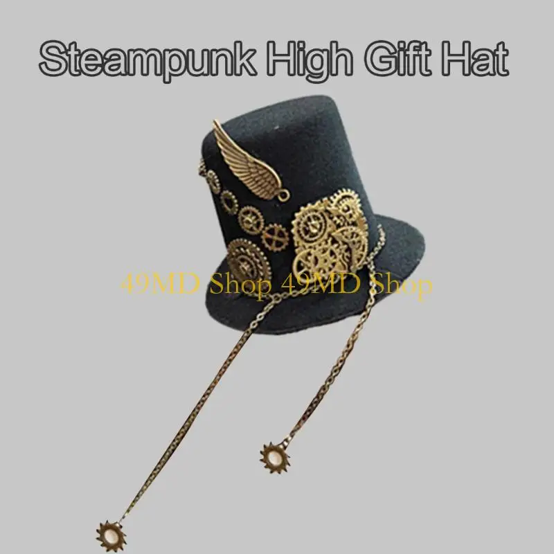 49MD Punk Top Hat Mini Unisex Top Hat Cosplay for Halloween Industrial Age Hair Accessory with Gears Wing Chain