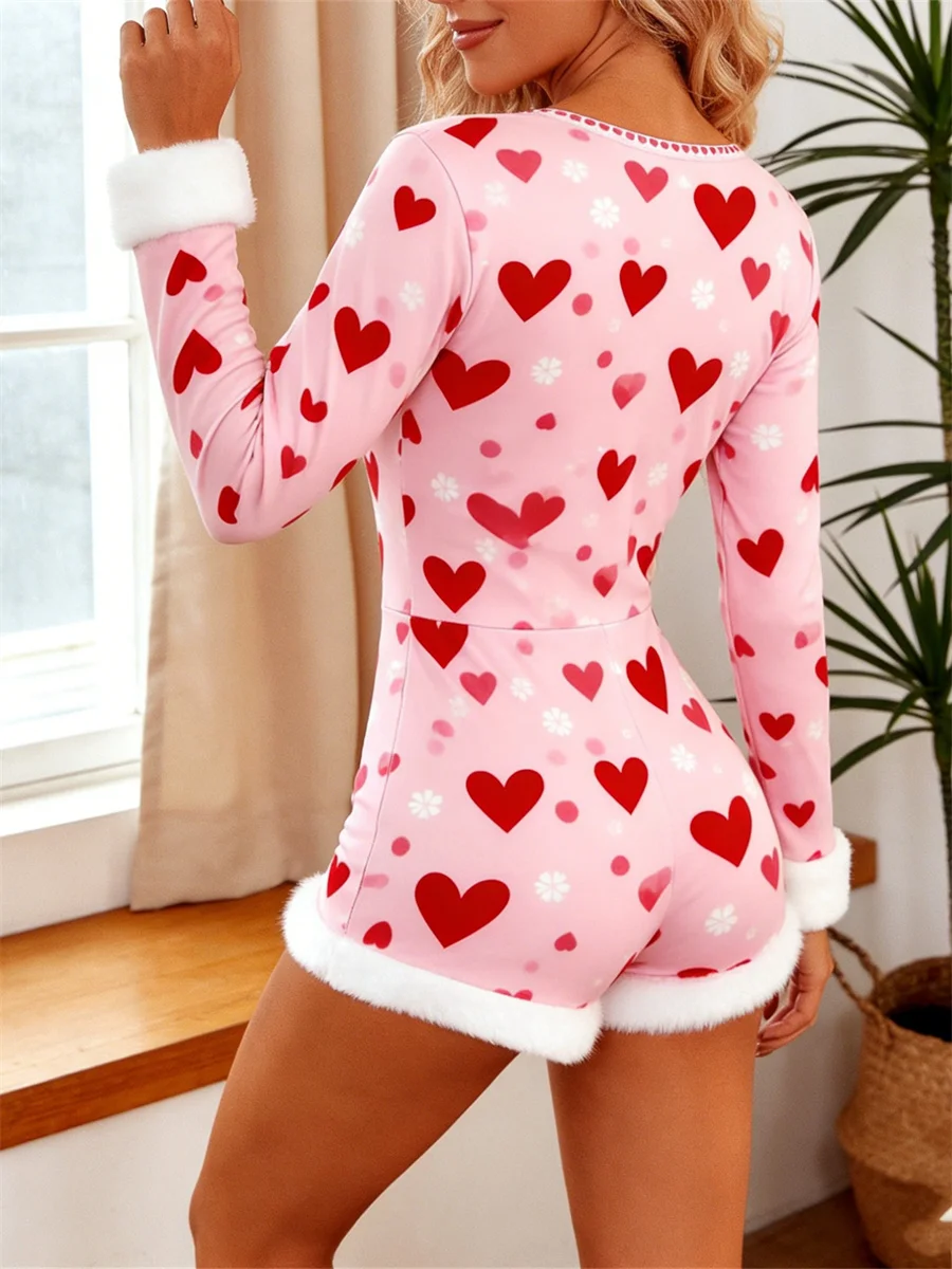 Dames pluche rand lounge romper pyjama lange mouw diepe v-hals bodycon shorts jumpsuit lente sexy overalls nachtkleding