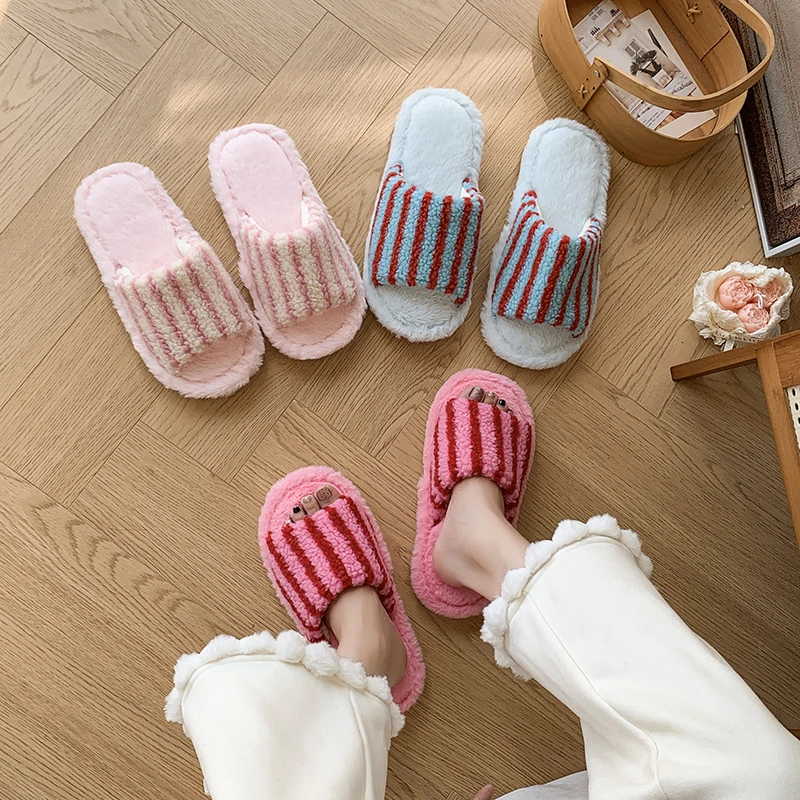 Winter Women open-toe mixed color Striped Fluffy Fur Home Slippers Comfortable Non Slip Plush Slides Soft Sole Home Shoes Female