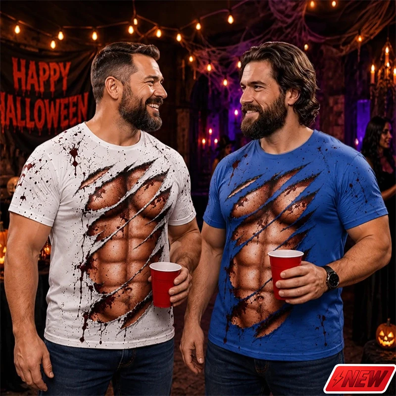 Men 3D Print Fake Muscle Abs T Shirt Halloween Blood Splatter Graphic Short Sleeve Crew Neck Tops Quick Dry Party Casual Tees