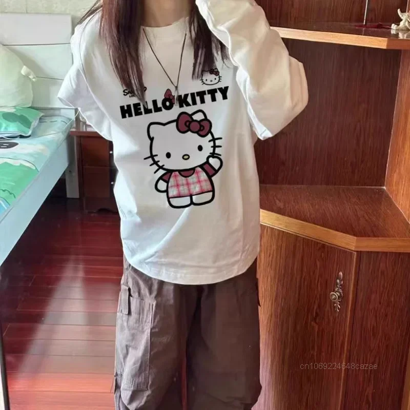 Sanrio Hello Kitty Cute Sweet Cartoon Long Sleeve T-shirt Women New Autumn Loose Casual Top American Style Simple Versatile Tees